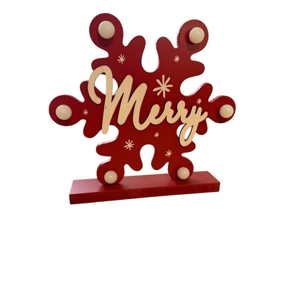 Holiday “Merry” LED Snowflake Red White 7” L x 7” W Table or Mantel Decoration